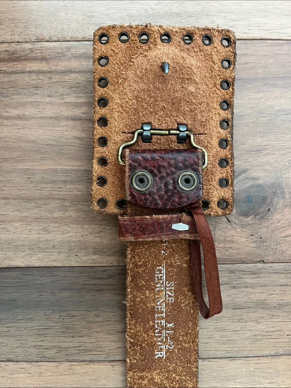 Vintage Men's Distressed Leather Belt with Studded Square Buckle